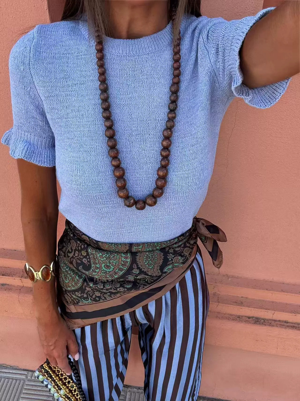 Zara Resort Knit Top Striped Palazzo Pants Outfit Mesh Cover Up